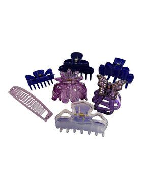 Vintage Lot 6 Purple Plastic Hair Claw Clips Rhinestones, Butterfly, Banana 80s